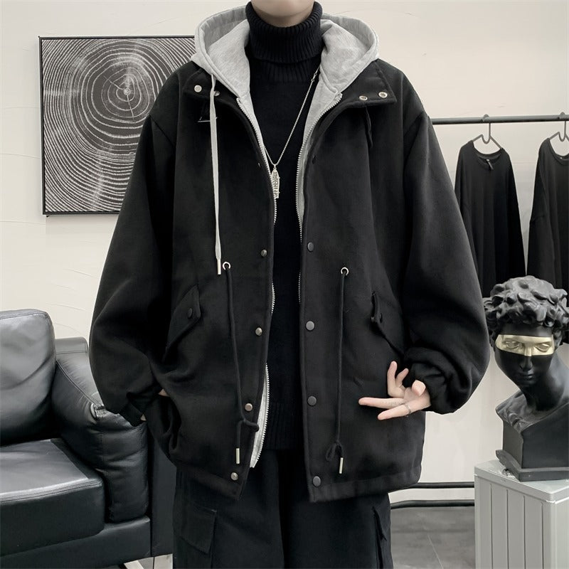 Men’s High-Street Dark Style Loose Hooded Woolen Overcoat
