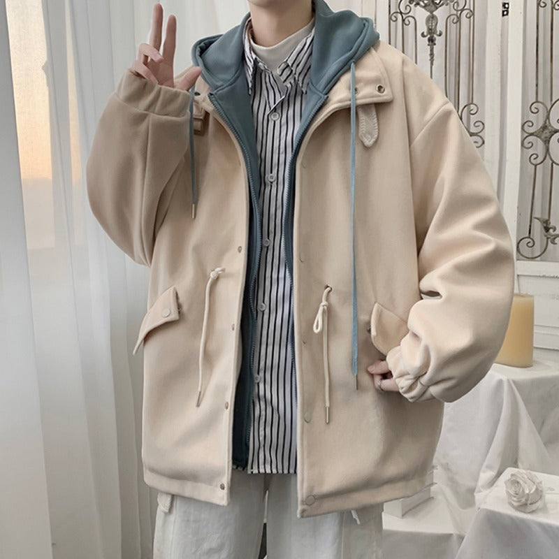 Men’s High-Street Dark Style Loose Hooded Woolen Overcoat