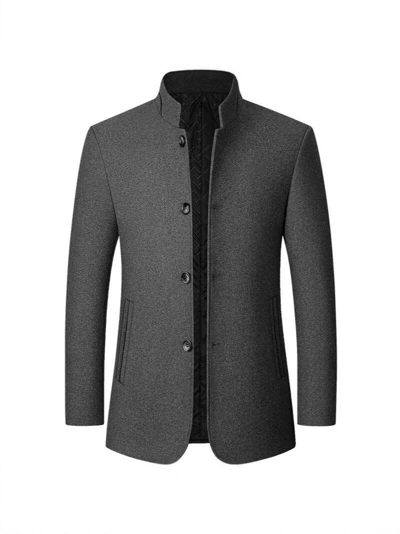 Men’s Stand Collar Woolen Jacket with Thermal Insulation