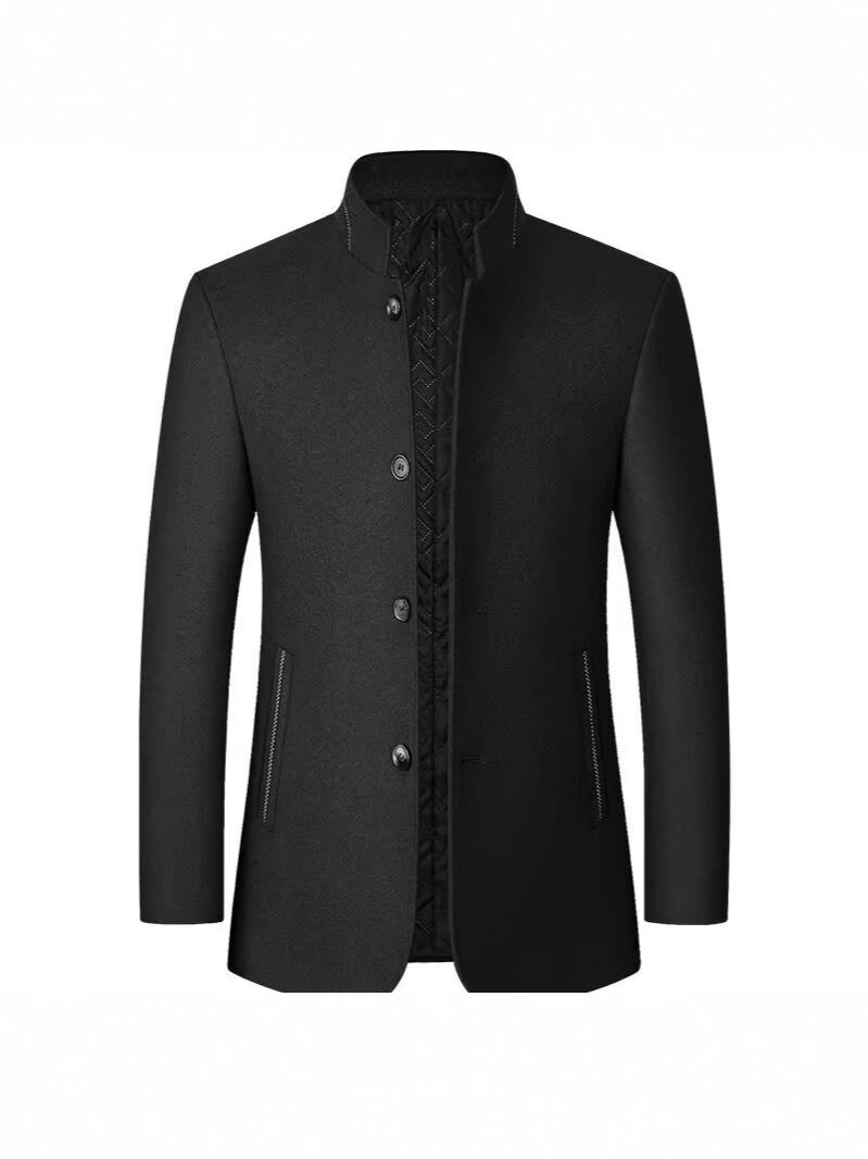 Men’s Stand Collar Woolen Jacket with Thermal Insulation