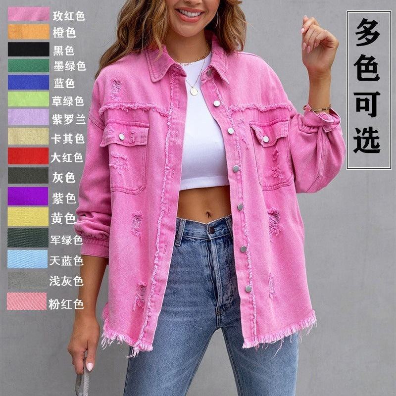 Premium Mid-Length Distressed Denim Jacket for Women