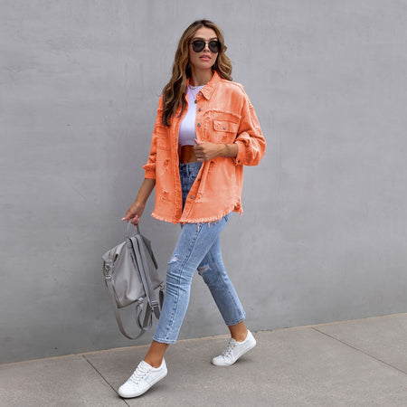 Violet Premium Mid-Length Distressed Denim Jacket for Women