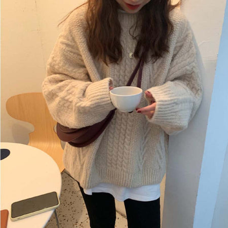 Purple Elegant Loose Twist Knit Sweater for Autumn and Winter