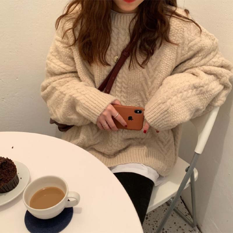 Elegant Loose Twist Knit Sweater for Autumn and Winter