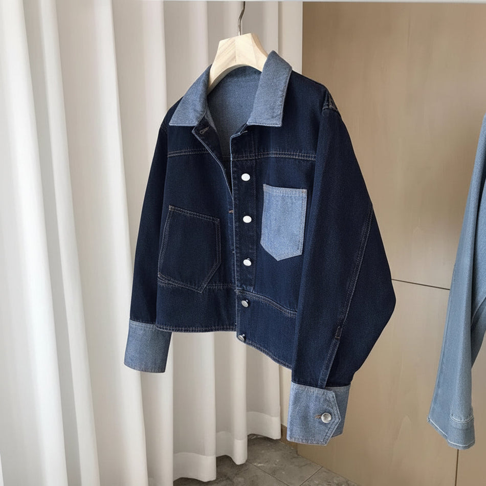 Texture Washed Denim Crop Coat with Contrast Lapel Detailing