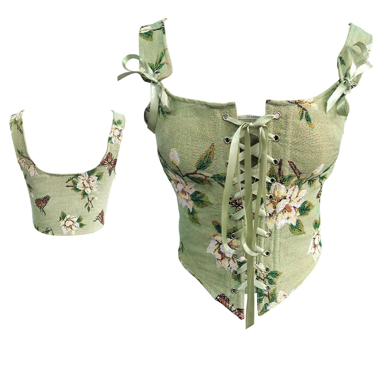 Green Retro Butterfly Jacquard Corset with Structural Boning