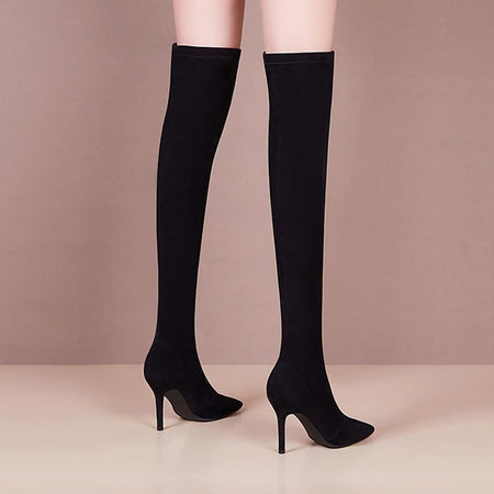 Black [Thin Heel] Pointed Toe Stiletto Over-The-Knee Boots with Rear Lacing