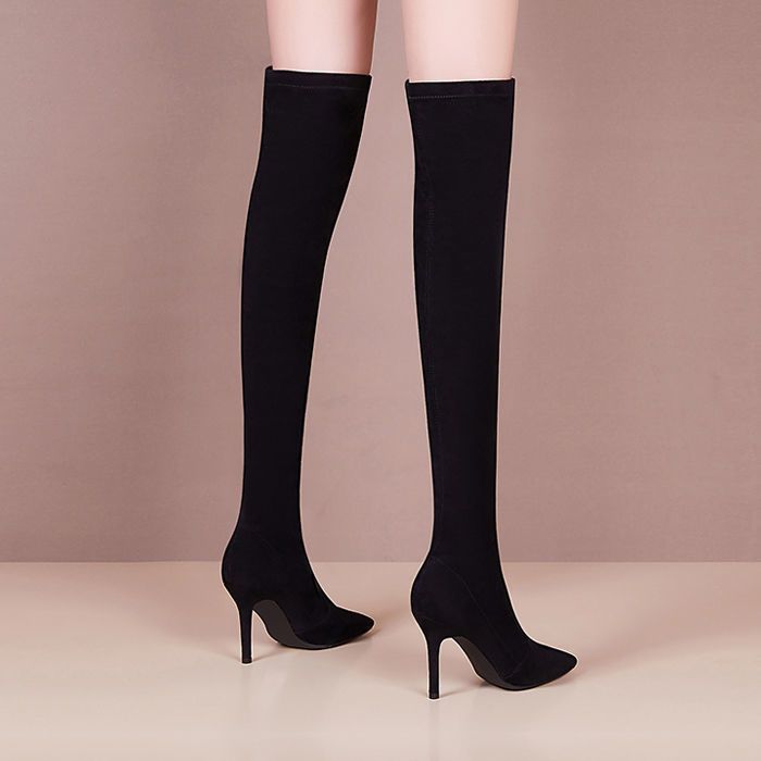 Black [Thin Heel] Pointed Toe Stiletto Over-The-Knee Boots with Rear Lacing