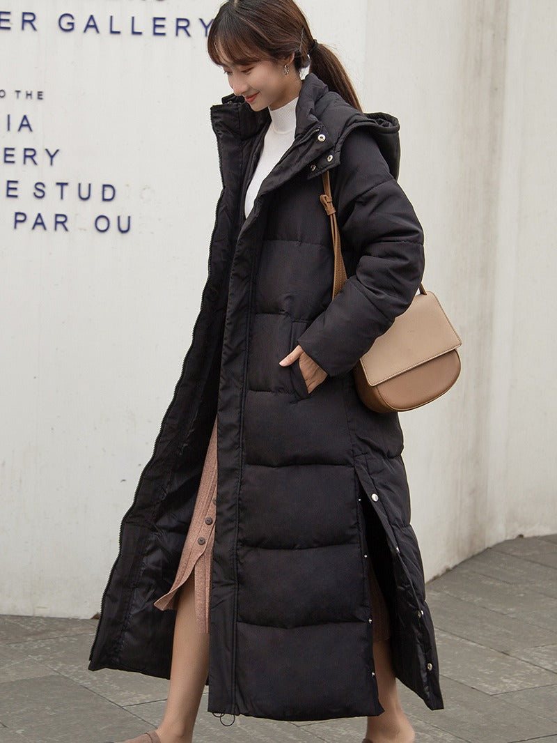 Long Hooded Over-the-Knee Padded Parka with Slim Fit