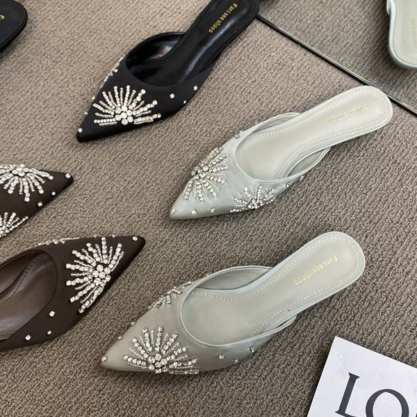 Pointed-Toe Flat Mules with Rhinestone Embellishments
