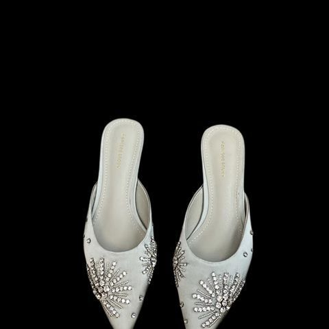Brown Pointed-Toe Flat Mules with Rhinestone Embellishments