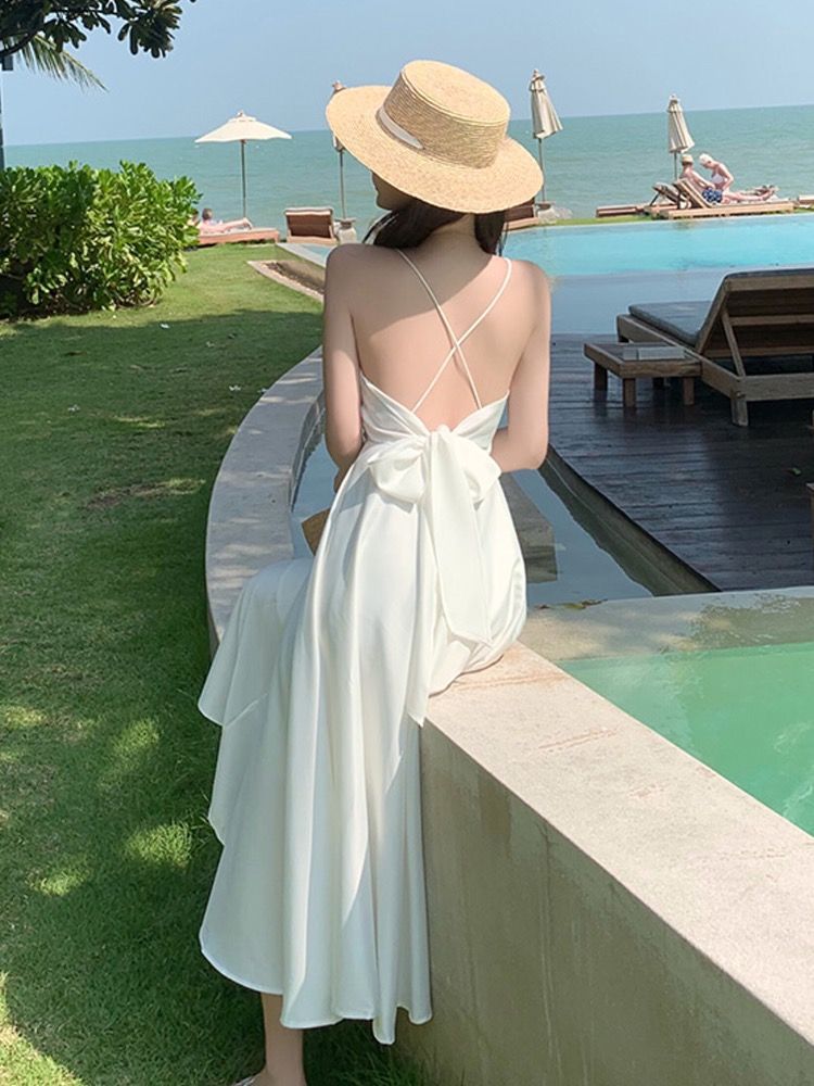 White Backless Silk-Blend Maxi Dress for Seaside Travel