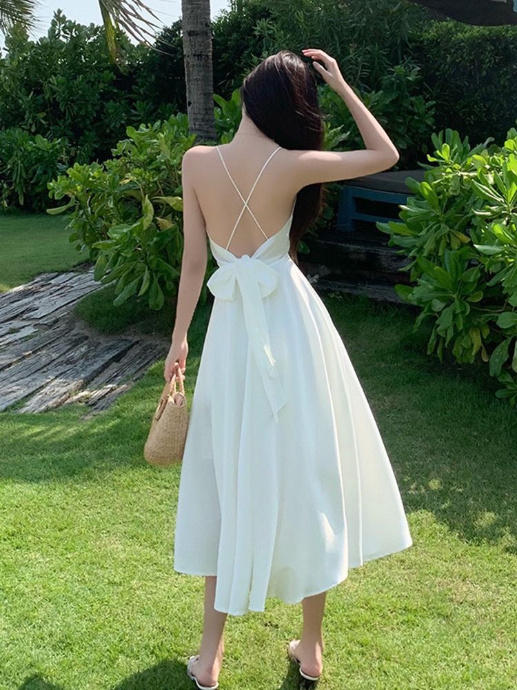 White White Backless Silk-Blend Maxi Dress for Seaside Travel