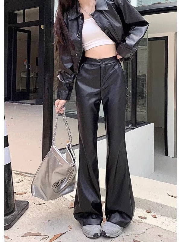 High-Waisted Vegan Leather Flared Trousers in Onyx