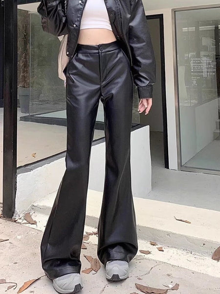 Black High-Waisted Vegan Leather Flared Trousers in Onyx
