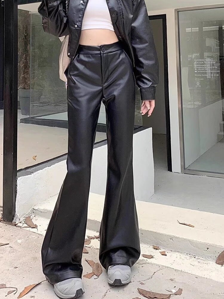 Black High-Waisted Vegan Leather Flared Trousers in Onyx