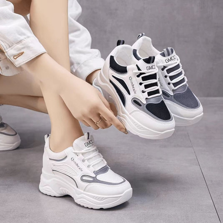 White Mesh Height-Increasing Trainers with Sculpted Platform