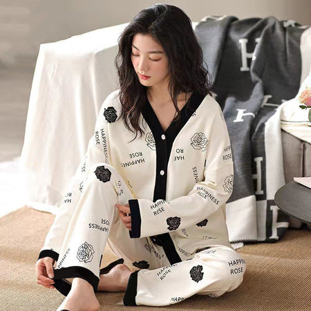 Long-Sleeve Cotton Blend Pajama Set with Whimsical Print