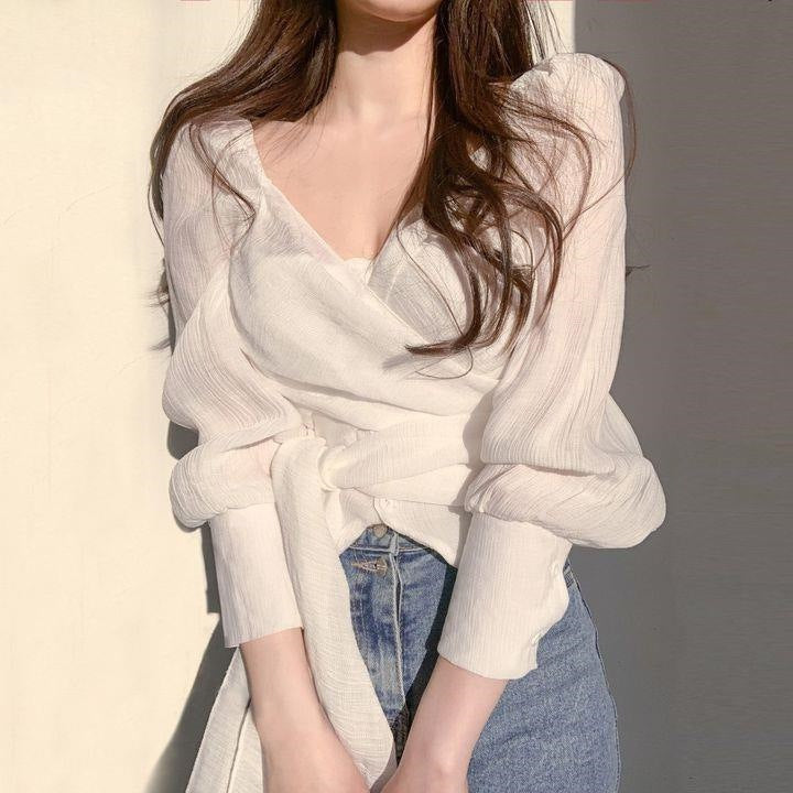 V-Neck Pleated Waist Shirt in Crisp White Cotton
