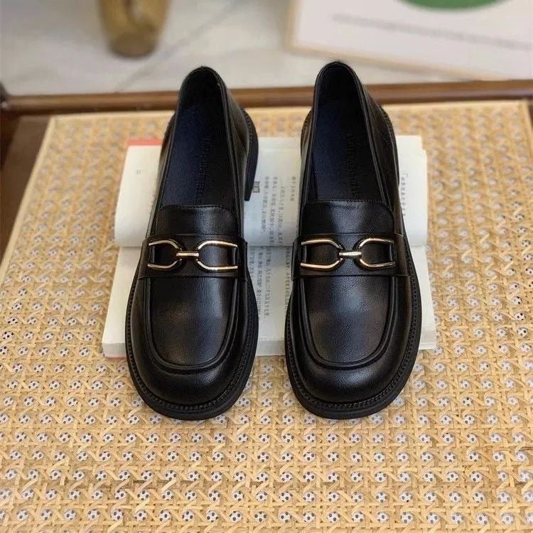 Black [Electroplating Buckle] British Style Breathable Leather Loafers for Maternity and Work