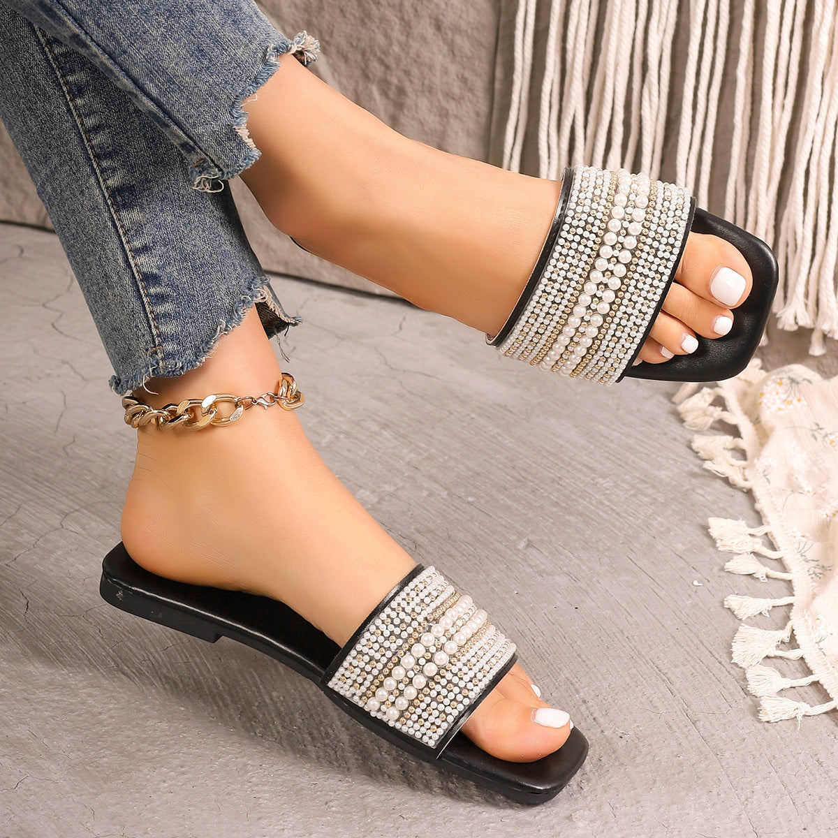 Off-White Lustrous Pearl Embellished Leather Sandals with Low Heel