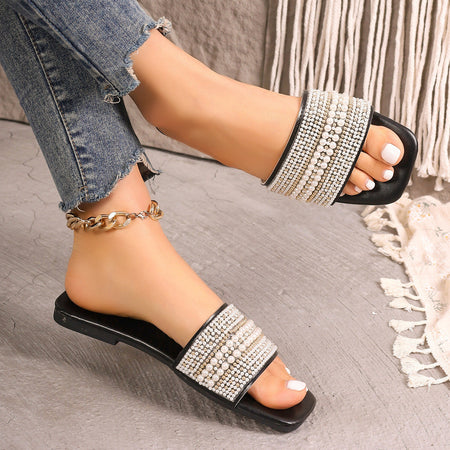 Off-White Lustrous Pearl Embellished Leather Sandals with Low Heel