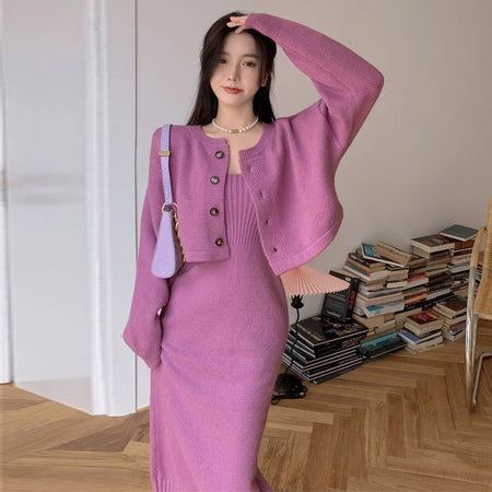 Red Ribbed Knit Long Sleeve Sling Dress with Niche Cut-Out Detail