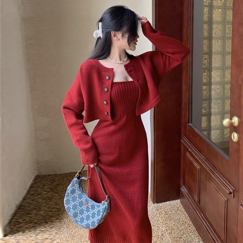 Ribbed Knit Long Sleeve Sling Dress with Niche Cut-Out Detail