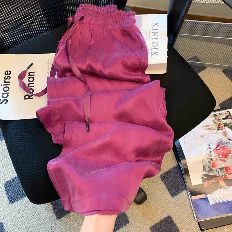 Purple High-Waisted Purple Ice Silk Satin Wide-Leg Trousers