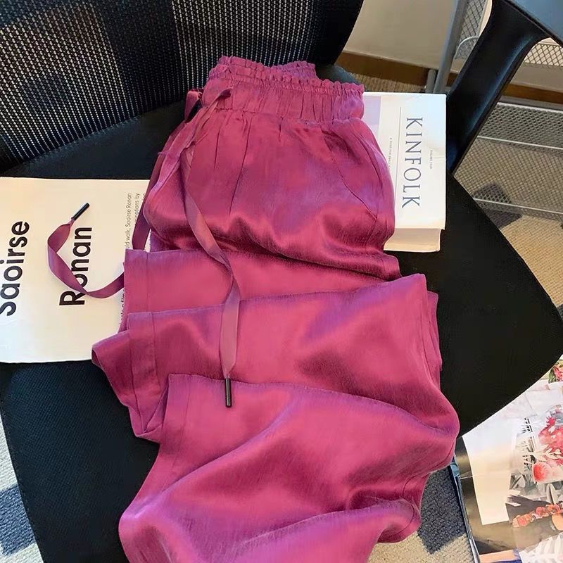 High-Waisted Purple Ice Silk Satin Wide-Leg Trousers
