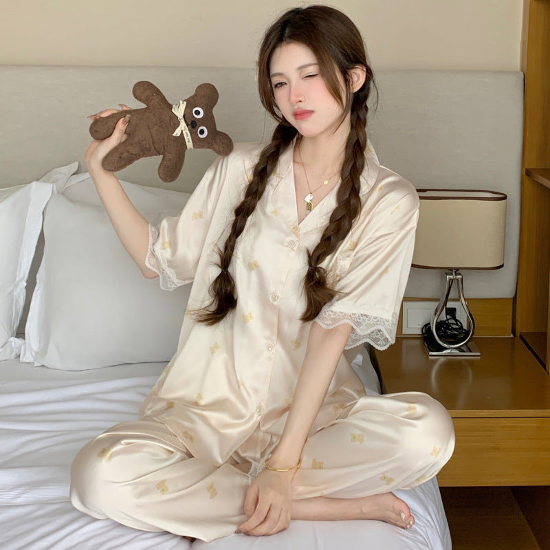Bear Print Ice Silk Short-Sleeved Pajama Set with Matching Accessory