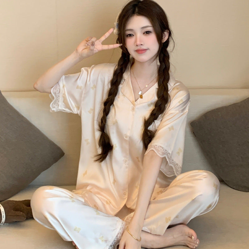 Bear Print Ice Silk Short-Sleeved Pajama Set with Matching