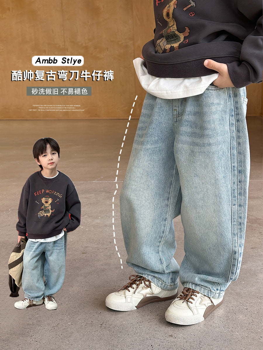 Sand-Washed Cotton Vintage Jeans | Boys and Girls Loose Fit Pants