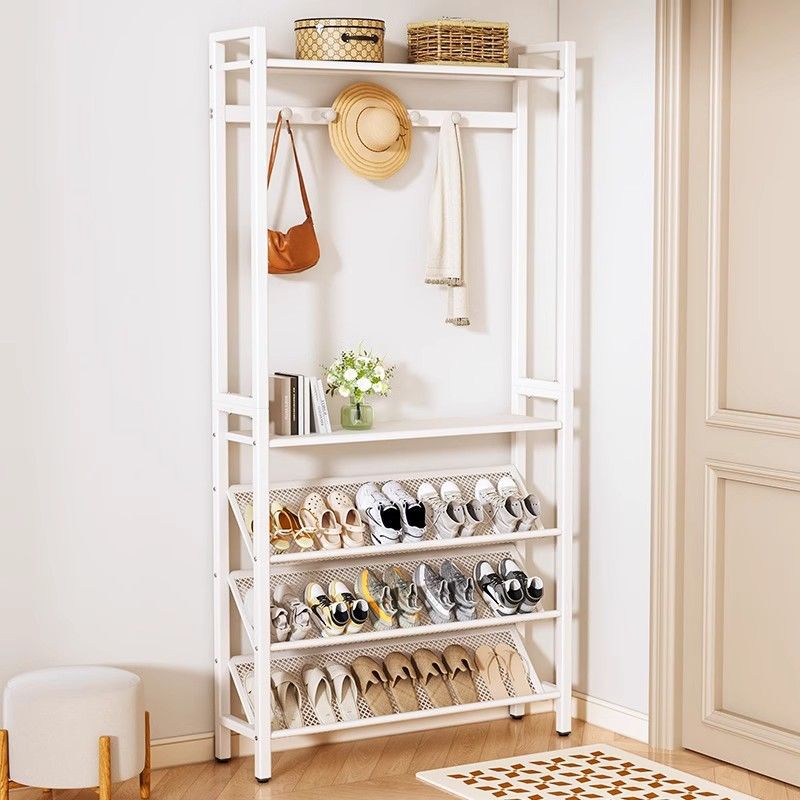 White Integrated Multi-Tier Hall Tree with Compact Shoe Storage