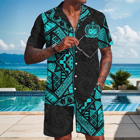 Men's Premium Hawaiian Ethnic Print Set | Cross-Border Summer