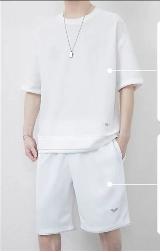 Men’s Terry Cloth Summer Set: Crewneck Top and Shorts – flat lay