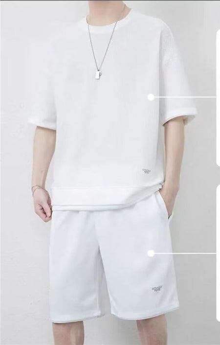 Men’s Terry Cloth Summer Set: Crewneck Top and Shorts – flat lay