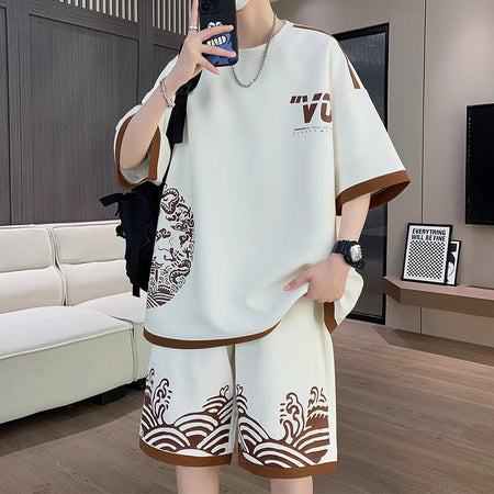 Men’s Terry Cloth Summer Set: Crewneck Top and Shorts – back view