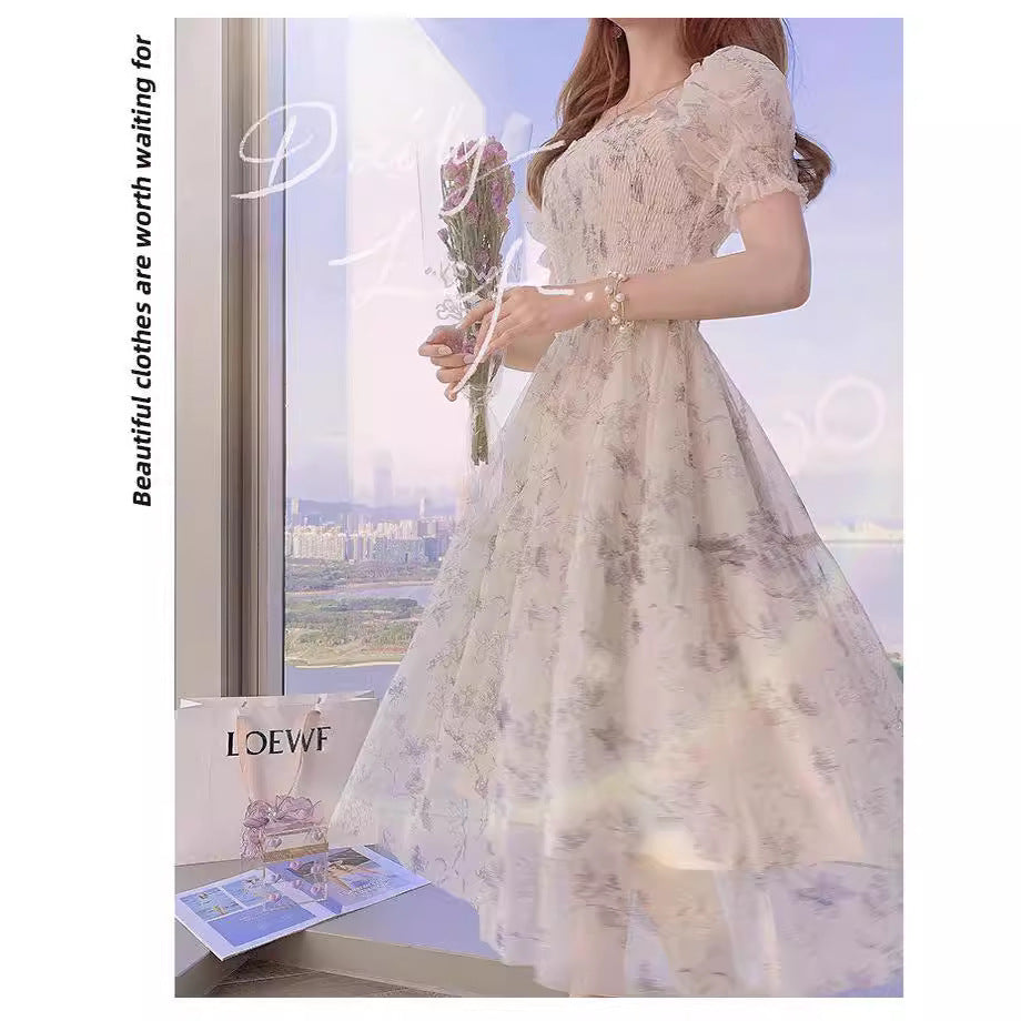 French Ink Painting White Chiffon Slimming Dress