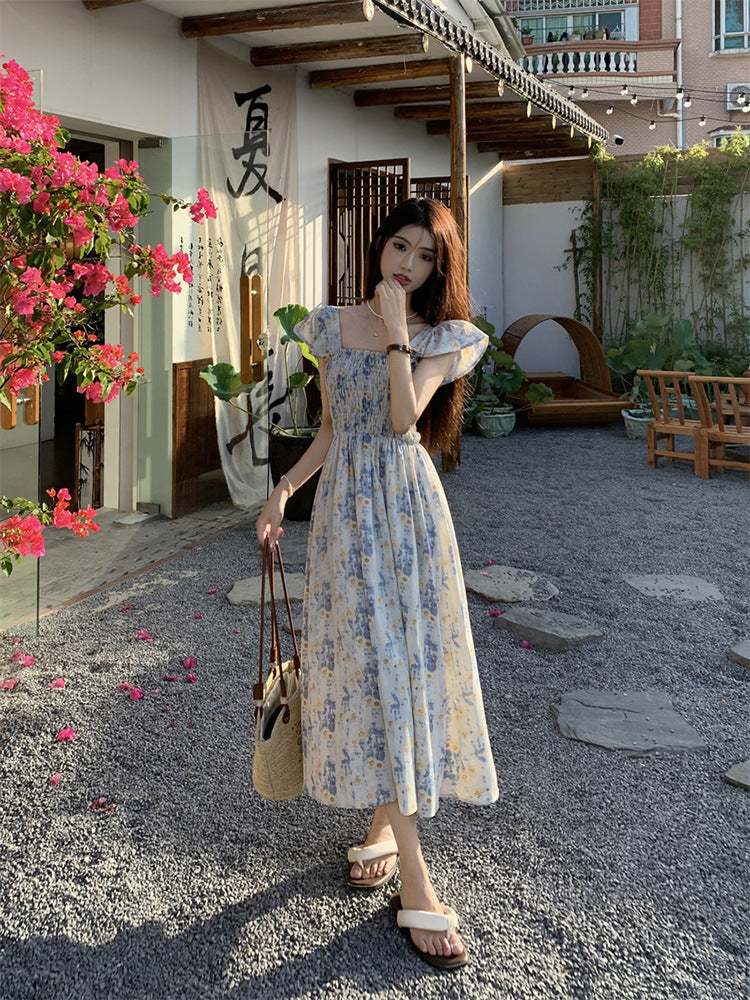 Blue Rose Print French Rose Printed A-Line Mid-Length Dress