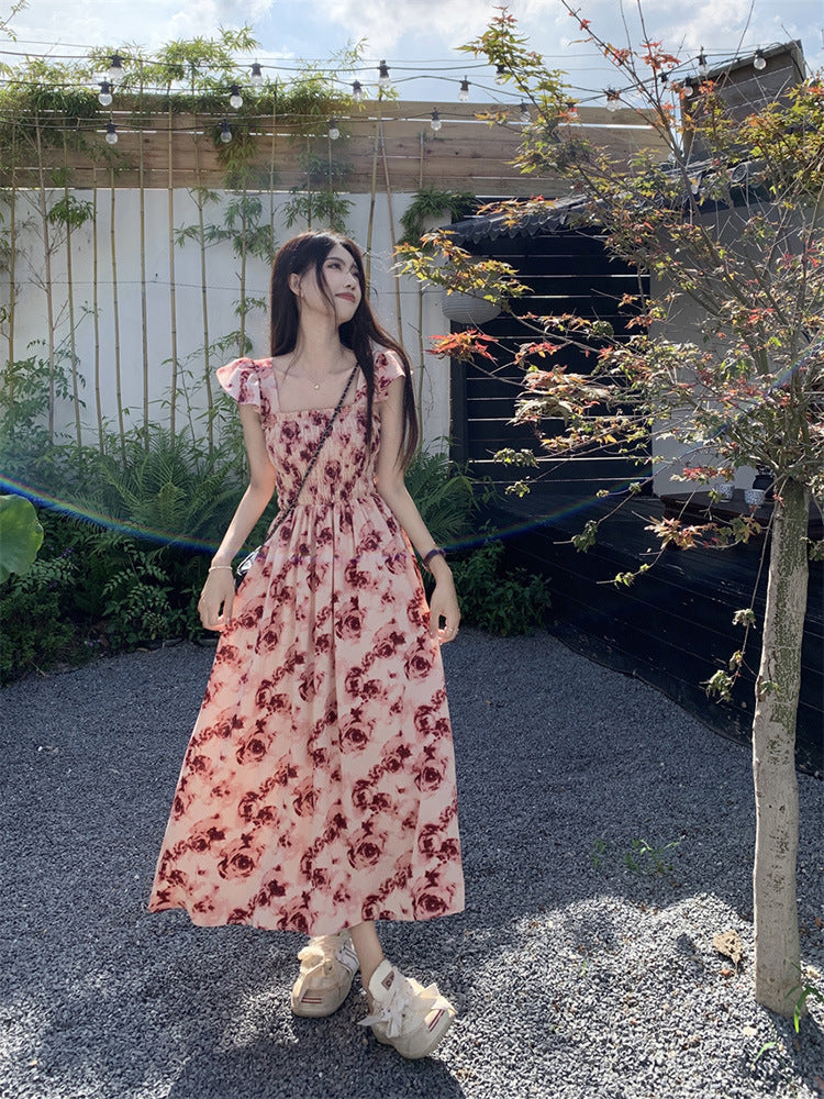 French Rose Printed A-Line Mid-Length Dress