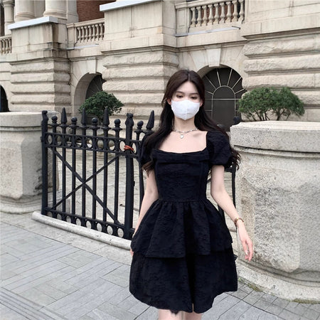 Black Princess Puffy Dress Bubble Sleeve Square Collar Princess Puffy Dress