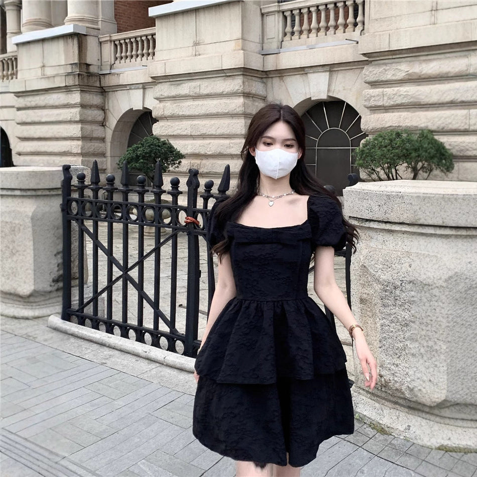 Black Princess Puffy Dress Bubble Sleeve Square Collar Princess Puffy Dress