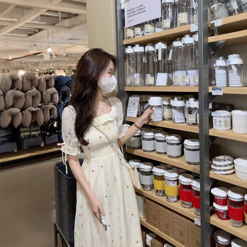 Square Collar Floral Tight Waist Mid-Length Dress