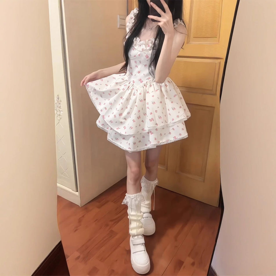 French Style White Floral Sling Princess Dress