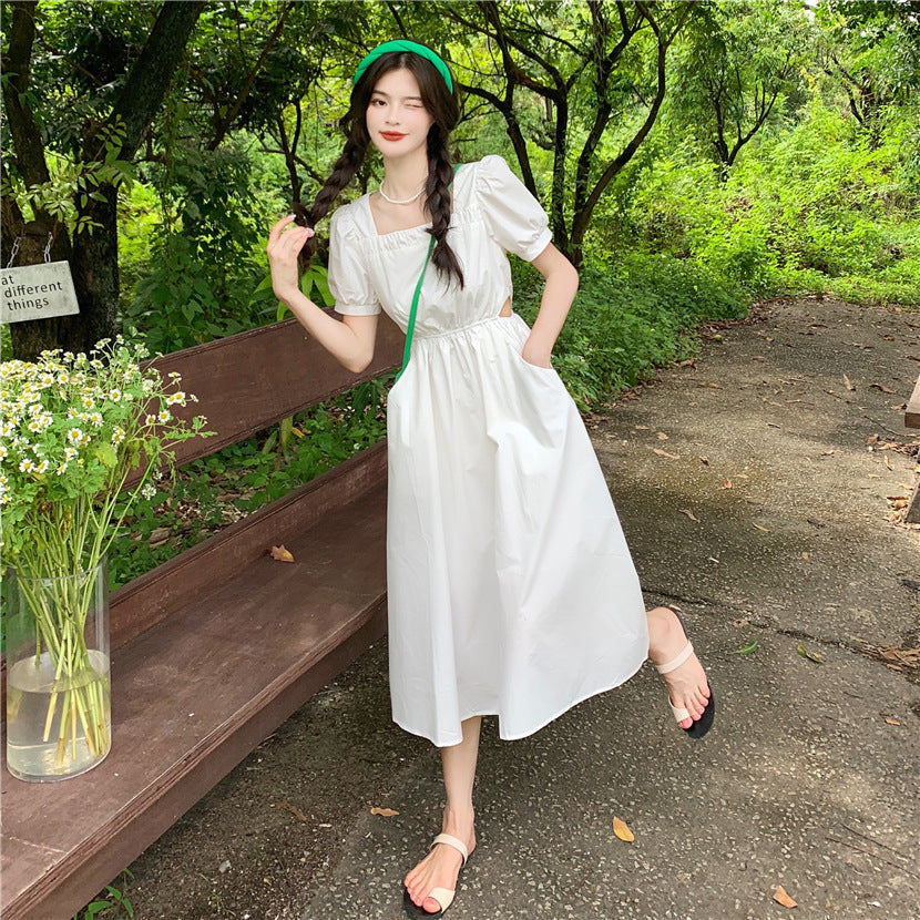 Puff Sleeve Elegant Slimming Mid-Length Dress