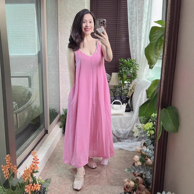 French Style Pink Slip Holiday Long Dress