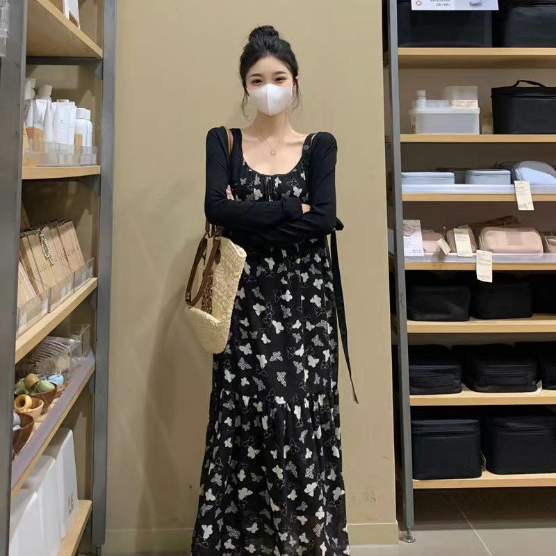 Black Single Skirt Elegant Butterfly Floral Sling Slimming Dress