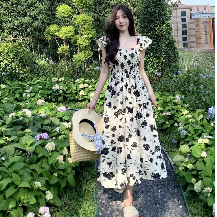 Apricot Floral Midi Skirt French Floral Chiffon Midi Dress with Flying Sleeves