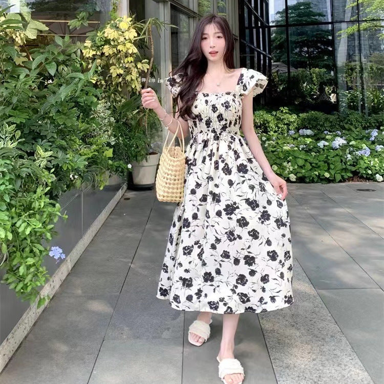 French Floral Chiffon Midi Dress with Flying Sleeves